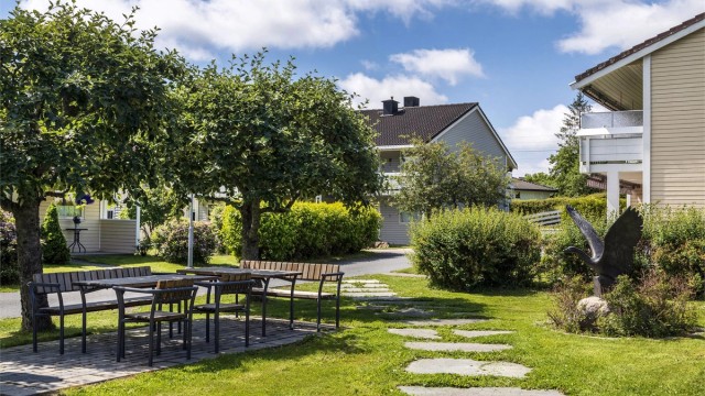Borettslaget har svært pent opparbeidet tun med blant annet Gåseparken. Her er det felles kaffemøte en gang i uken om sommeren.