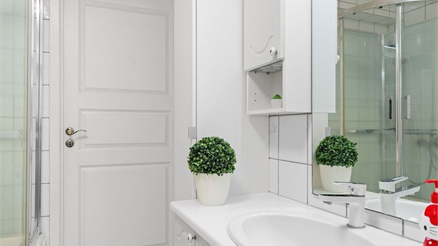 Innredet med vegghengt servantinnredning med nedsenket servant. Speil med overlys over servant.