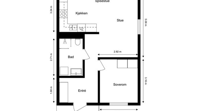 Leiligheten har en arealeffektiv planløsning på 48 m² (BRA-i) som omfatter entré, bad, soverom og en åpen stue- og kjøkkenløsning.