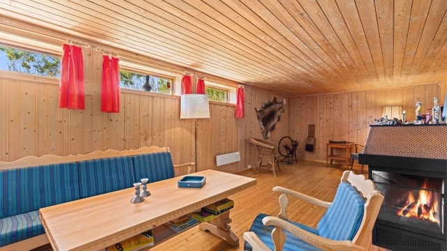 Et stort rom med peis. Tregulv og panel på vegger og tak