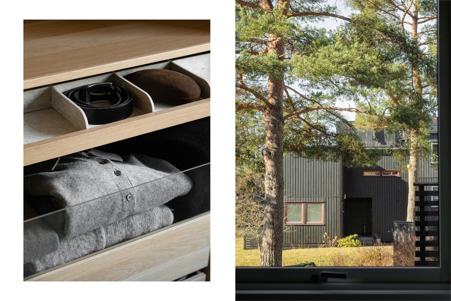 Detaljer fra garderobe og utsikt fra soveromsvindu.