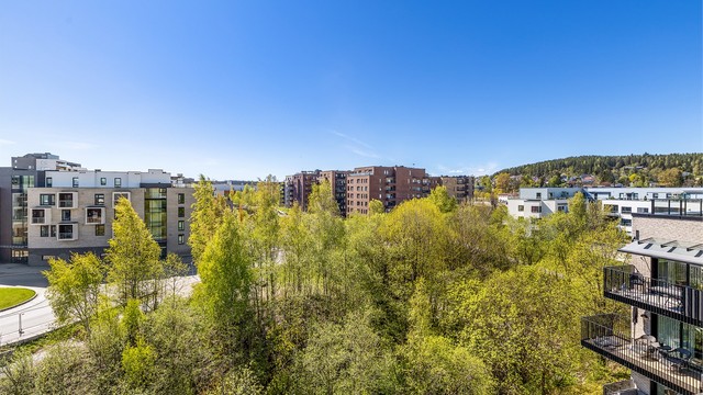 Fra terrassen har man utsikt over grønne omgivelser.