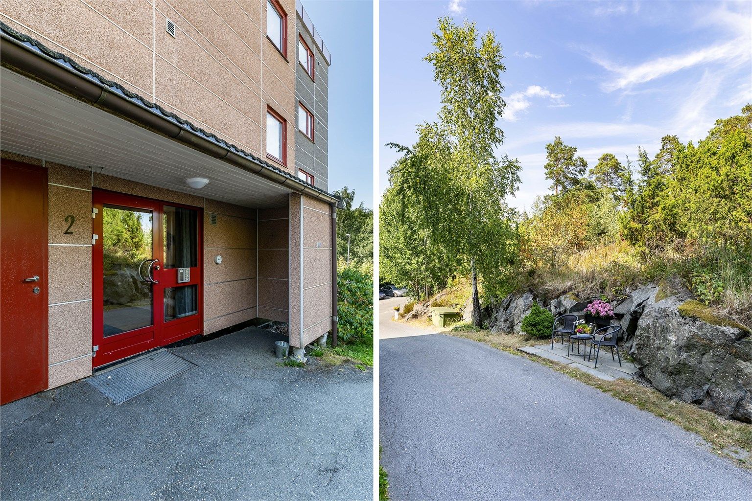 Hovedinngangen har porttelefon som betjenes fra leilighetens entré.