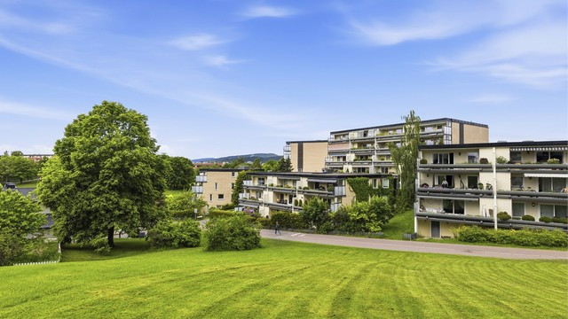 Fasade. Det er flotte grøntområder rundt boligen