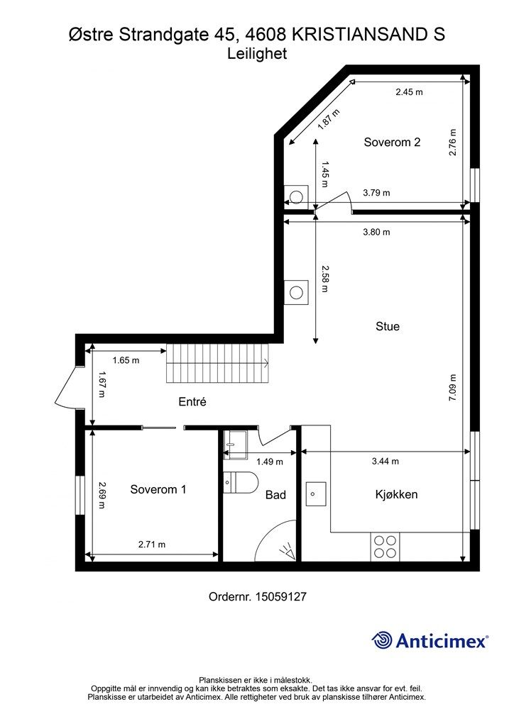 3.Etasje - 2D plantegning med mål - Hems ligger over soverom 1, bad og entrè