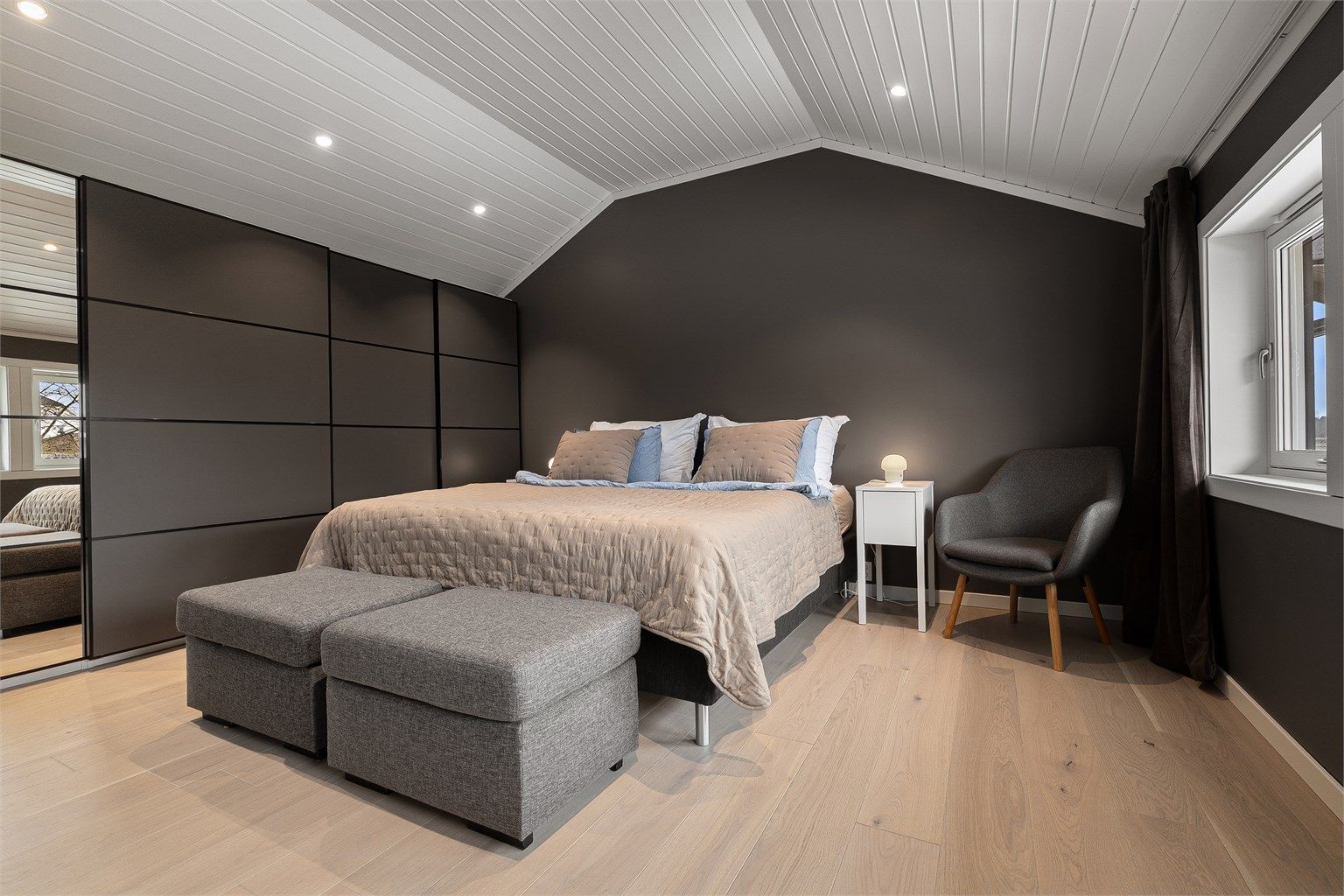 Soverom 3 - i 2. etasje - romslig hovedsoverom med plassbygget garderobeløsning - downlights i himling
