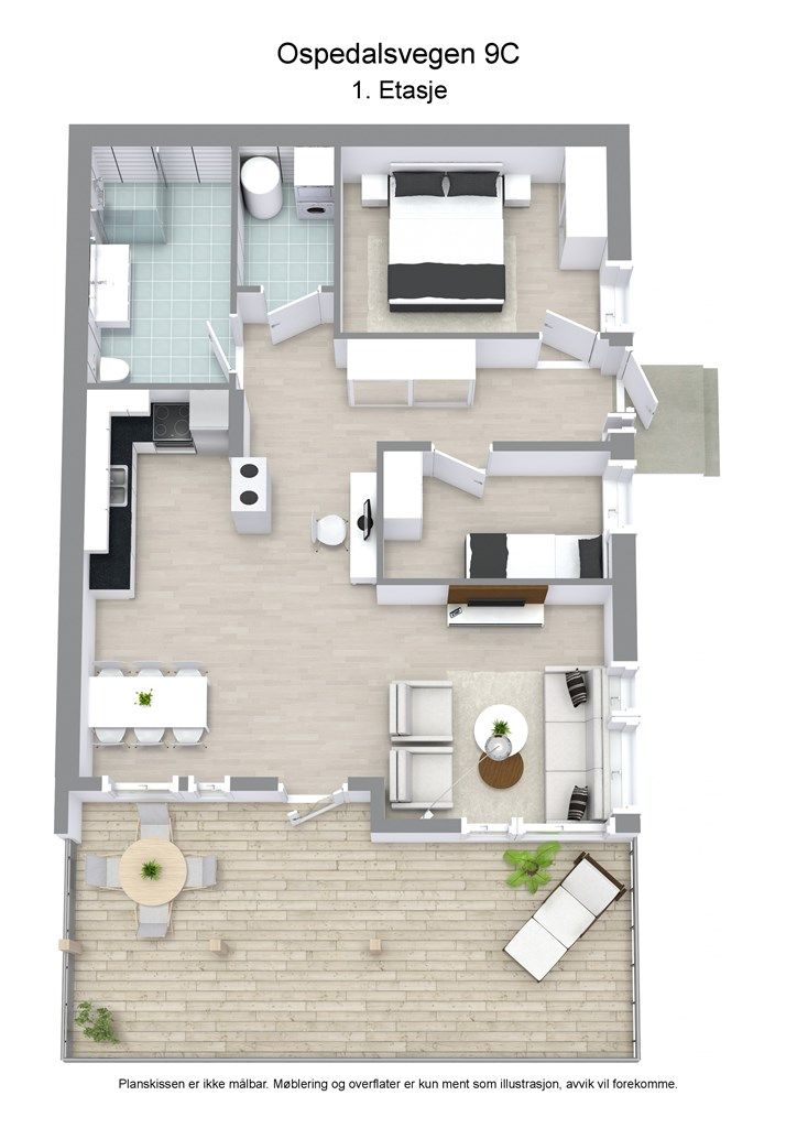 Leiligheten har en effektiv planløsning over ett plan, med et samlet bruksareal på 77 m². Her er oppholdsrommene praktisk adskilt fra soverommene.