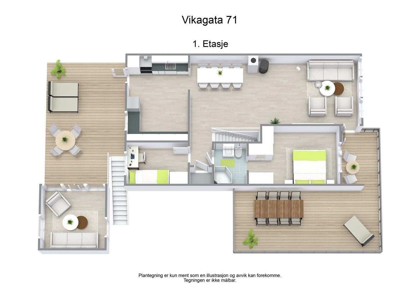 3 D illustrasjon av planløsningen i første etasje.