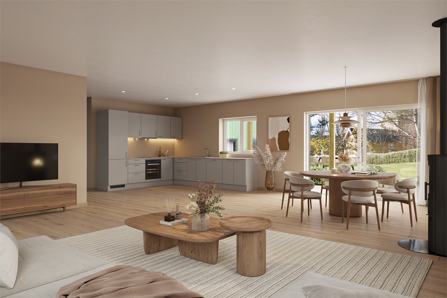 Tidløs og moderne åpen stue- og kjøkkenløsning med utstrakte vindusflater som sikrer rikelig med naturlig dagslys. Nydelig kjøkkeninnredning fra Aubo type Unik Rose Sand. Illustrasjonsbilde - avvik kan forekomme. 