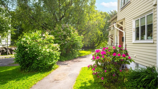 Eiendommen er omkranset av grønne fellesarealer og har en tilbaketrukket plassering. Foto: Martine Eren Jacobsen