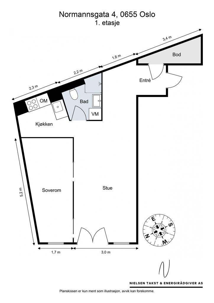 Her får du en svært arealeffektiv leilighet med god størrelse på alle rom. 
