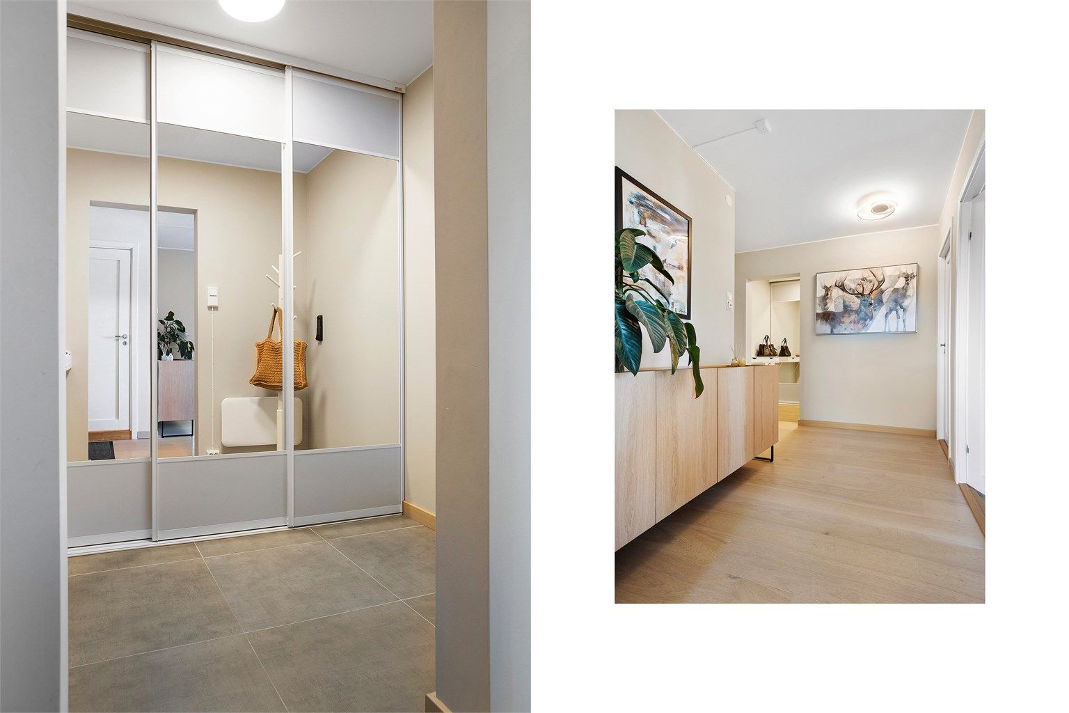 Garderoberom med flislagt gulv og stor skyvedørsgarderobe med speilfronter.
