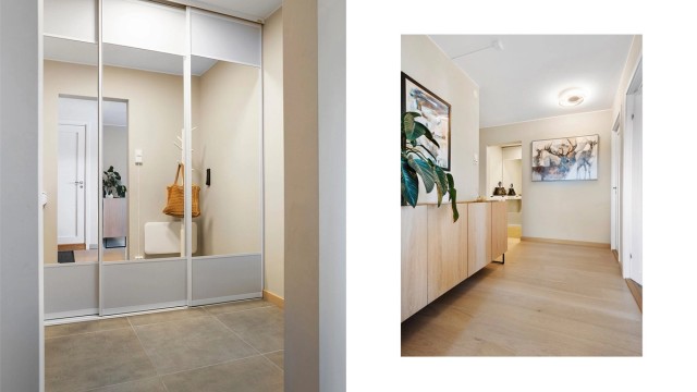 Garderoberom med flislagt gulv og stor skyvedørsgarderobe med speilfronter.