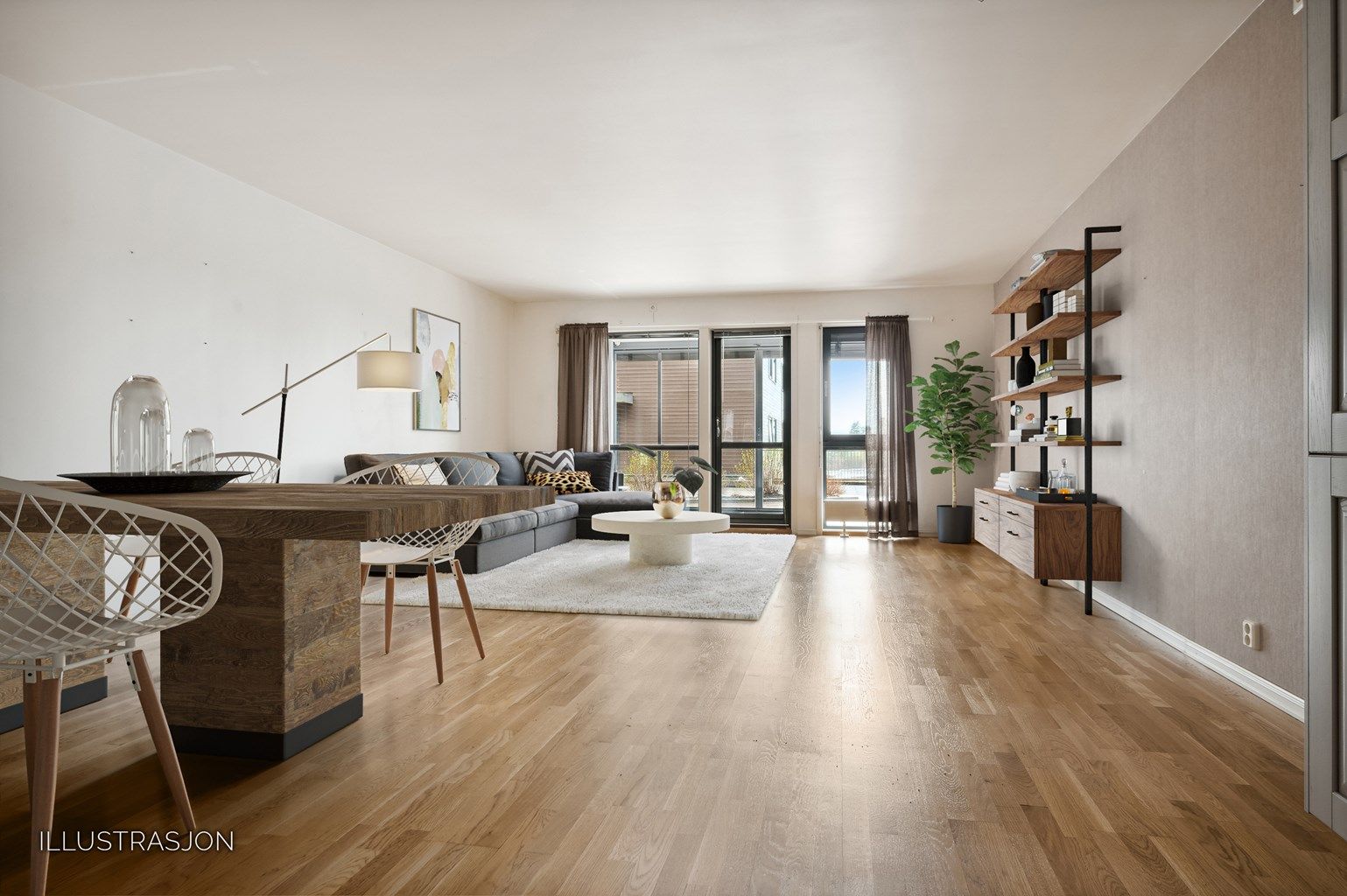 Forslag til hvordan man kan innrede stuen på en pen og praktisk måte. 