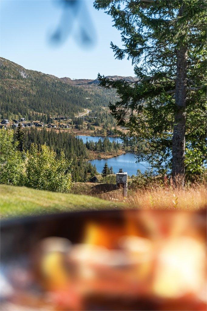 Hyggelig samlingsplass rundt bålpannen med utsikt mot vannet.