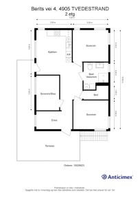Plantegning 2. etasje - Soverom mellom gang og kjøkken er satt opp i nyere tid med lettvegger - Dette kan enkelt fjernes hvis man ønsker en større stue