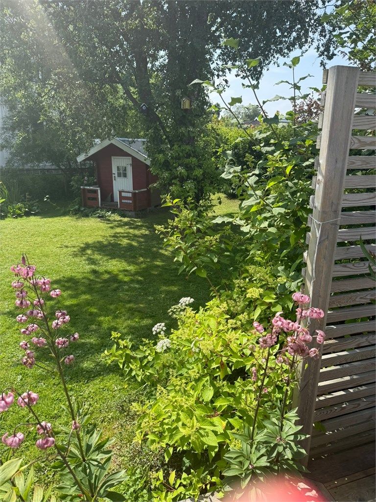 Solrik og frodig hage med romslig plen.