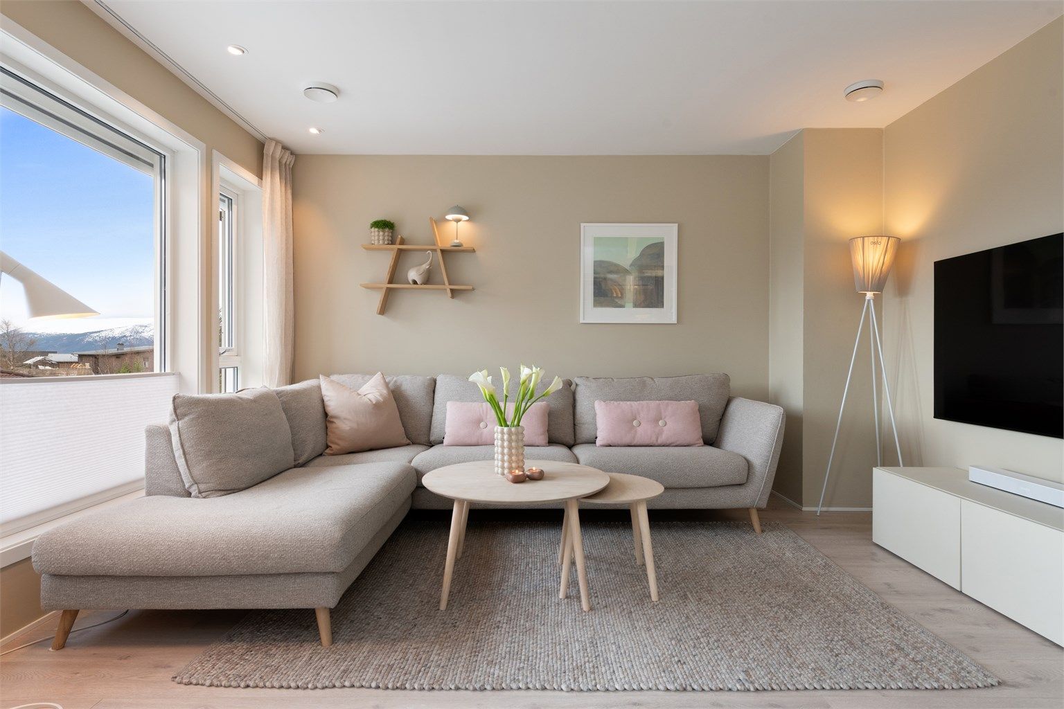 En lun og hyggelig TV-krok i stuen. Belysningen er oppgradert med LED-spotter.