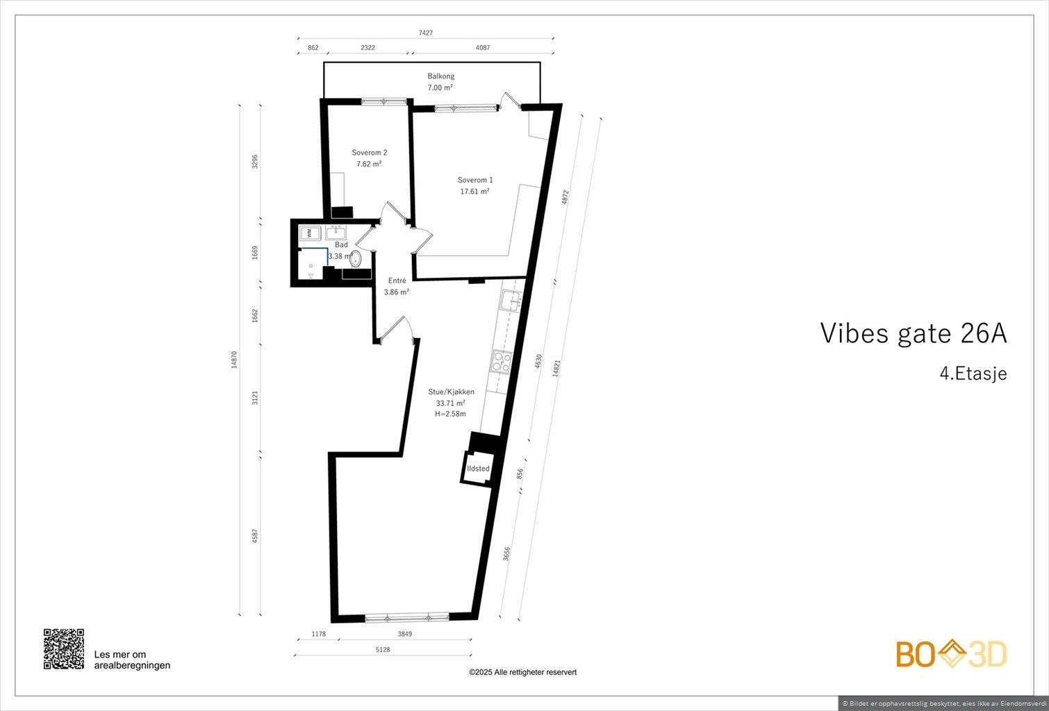 Plantegning som viser tilsvarende seksjon omgjort til 3-roms.