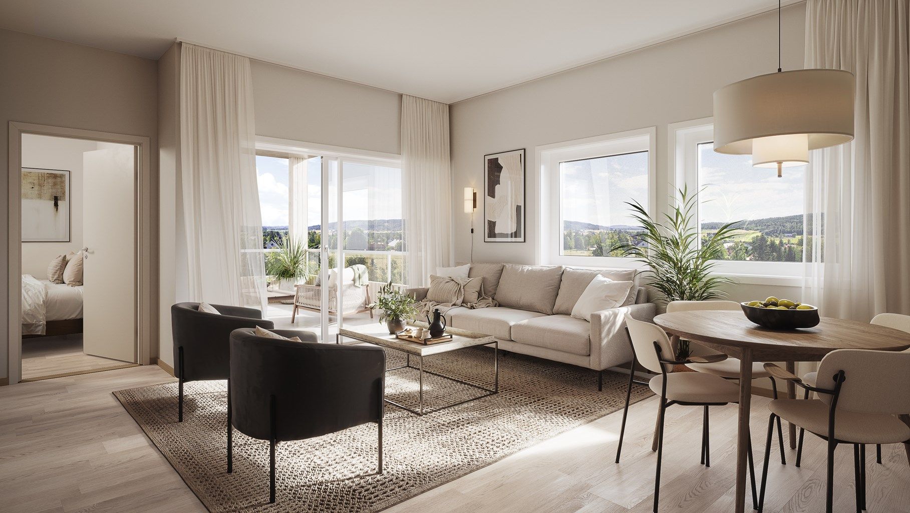 Illustrasjon av leilighet nr. 308. Hver leilighet har gode planløsninger med store rom og egen terrasse/balkong. Leilighetene vil bli levert med vannbåren gulvvarme i gulv (ikke innvendig bod) og elektriske varmekabler på bad. 