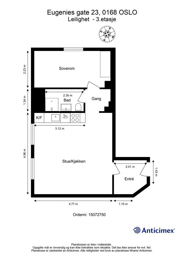 Plantegning. Det er lite innsyn i leiligheten og boligen oppleves som tilbaketrukket og usjenert. 