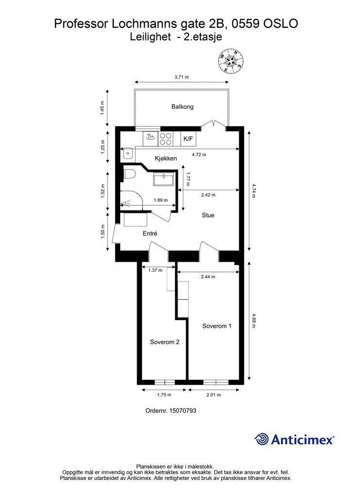 Plantegning. Svært gunstig planløsning med to gode soverom. Perfekt også til utleie eller for to venner som vil kjøpe sammen.
