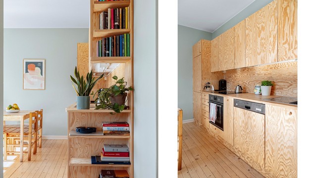 Kjøkkenet har en karakterfull innredning med fronter av finerplater og benkeplate i heltre. Nye fronter ble montert i 2022.