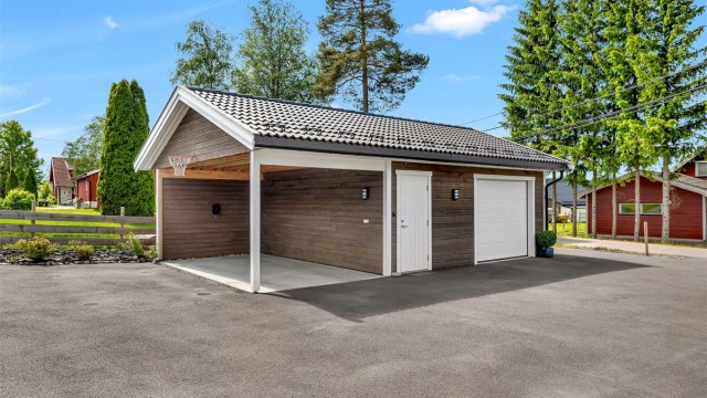 Parkering i frittstående garasje med tilhørende carport. Montert el-bil lader i carport.