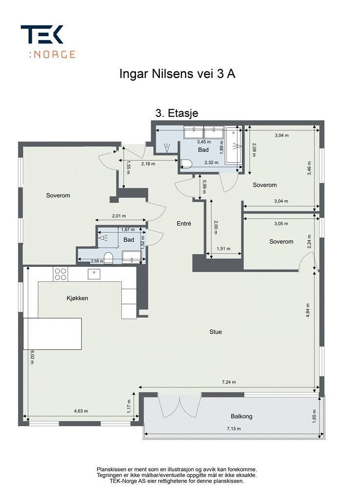 Alternativ planløsning med 3 soverom. Lettvegg mellom to av soverommrbe kan enkelt fjernes. 