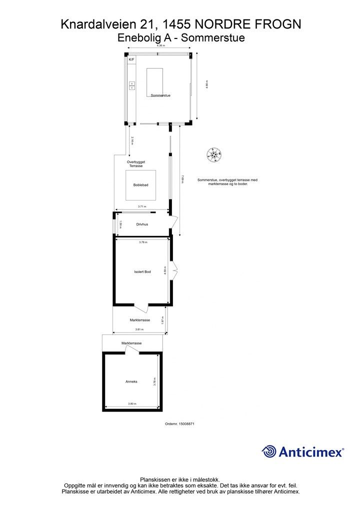 Plantegning - Sommerstue, overbygget terrasse, drivhus, isolert bod og innredet bod. 