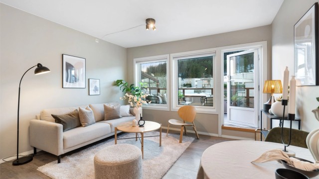 Stuen er lekker med behagelige farger og mye lysinnslipp.