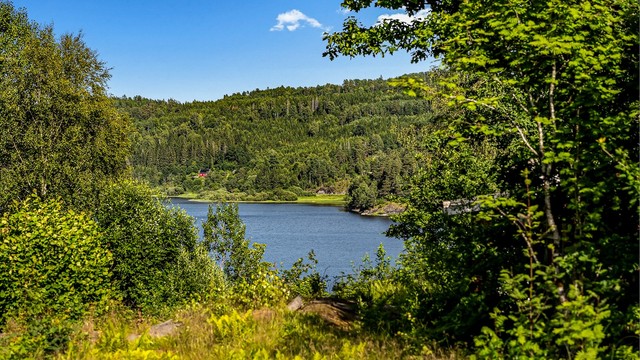 Hytta ligger meget usjenert til, med nydelig utsikt mot Åsrumvannet.