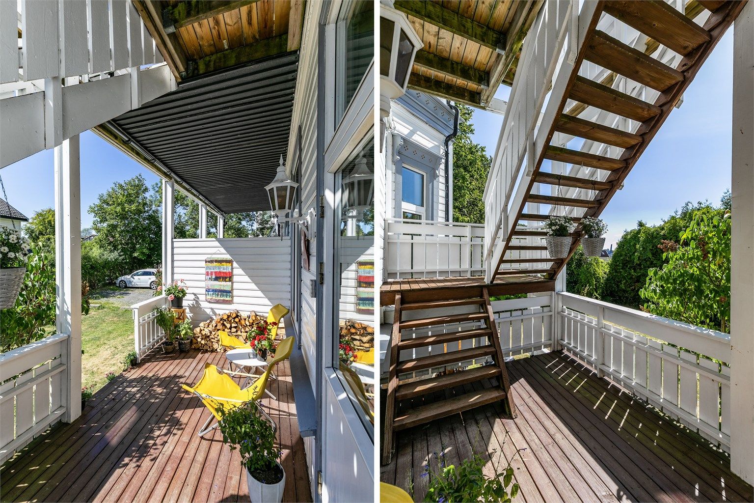 Trappen over verandaen fungerer som rømningsvei for etasjene over og er ikke i aktiv bruk.