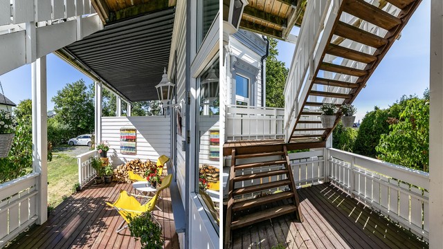 Trappen over verandaen fungerer som rømningsvei for etasjene over og er ikke i aktiv bruk.