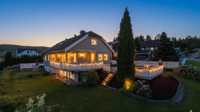 Krogsveen v/Sondre Trøseng Gjellum ønsker velkommen til Lerpeveien 405! - Digitalt redigert kveldsbilde. Foto: Trond Reder