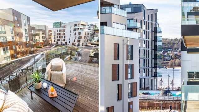 Leiligheten er luftig beliggende i tredje etasje, med siktlinje til sjøen på balkongen.
Fotograf; Børge Oppegård.