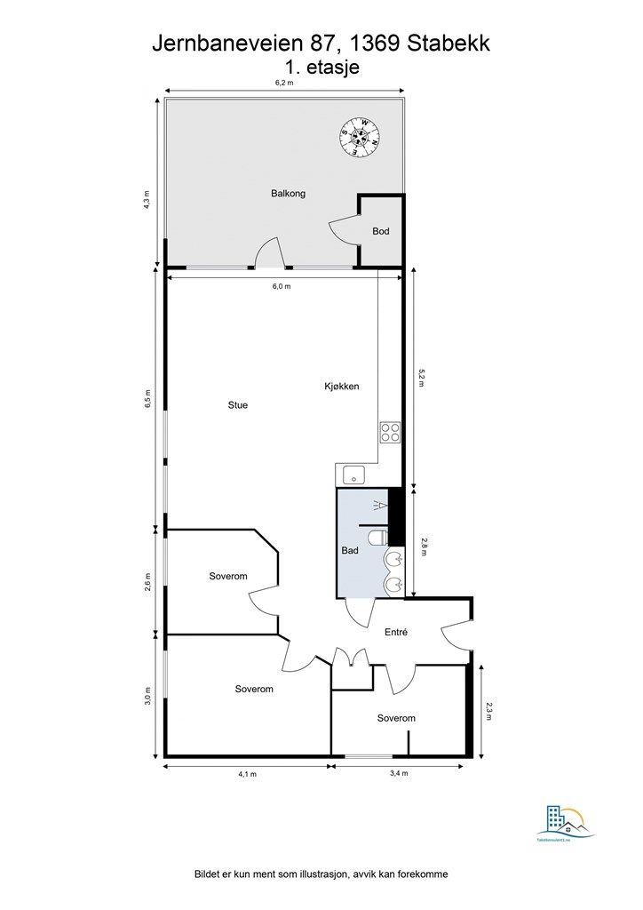 Leiligheten har en arealeffektiv planløsning med åpen stue- og kjøkkenløsning samt tre gode soverom.