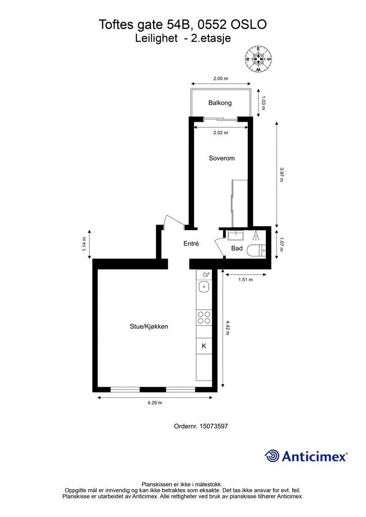 Plantegning. Leiligheten ligger i andre etasje. 