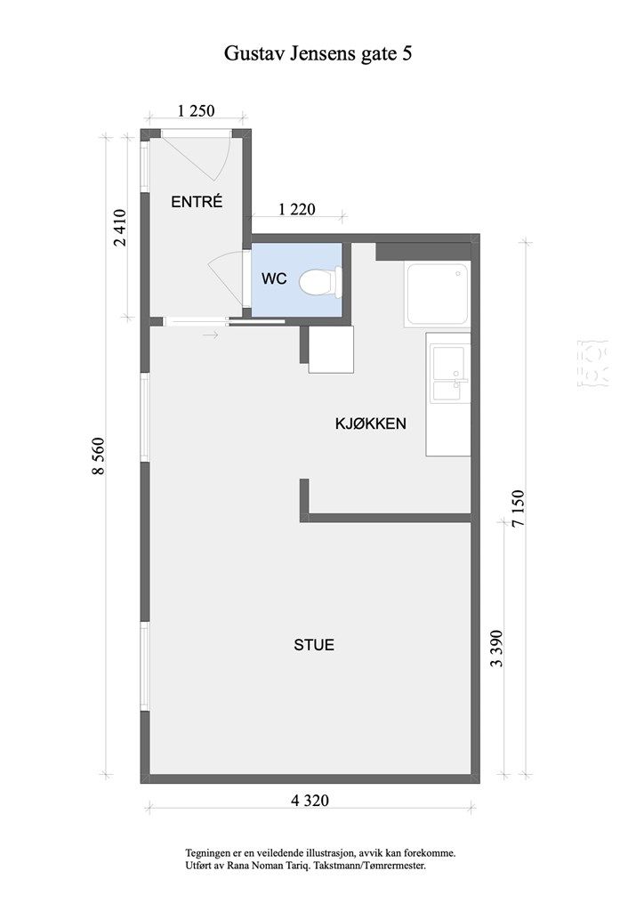 Plantegningen viser en arealeffektiv leilighet på 32 m² med entré, separat toalett og åpen stue/kjøkkenløsning.