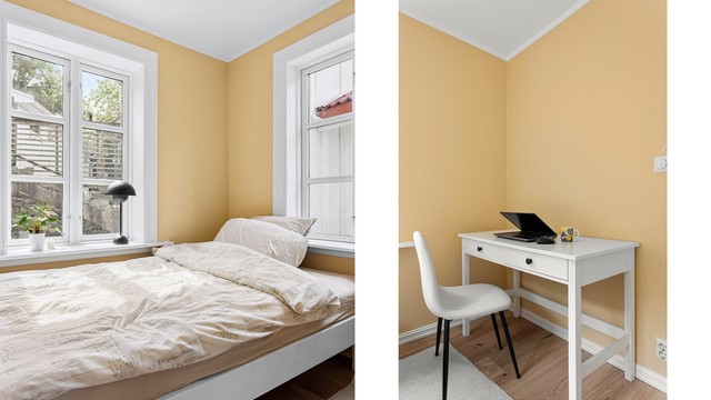 Rommet har plass til både seng og en egen arbeidsplass. Soverommet er vendt inn mot rolig gårdsrom.