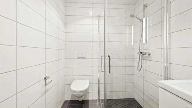 Badet har dusjhjørne med foldedører av glass.