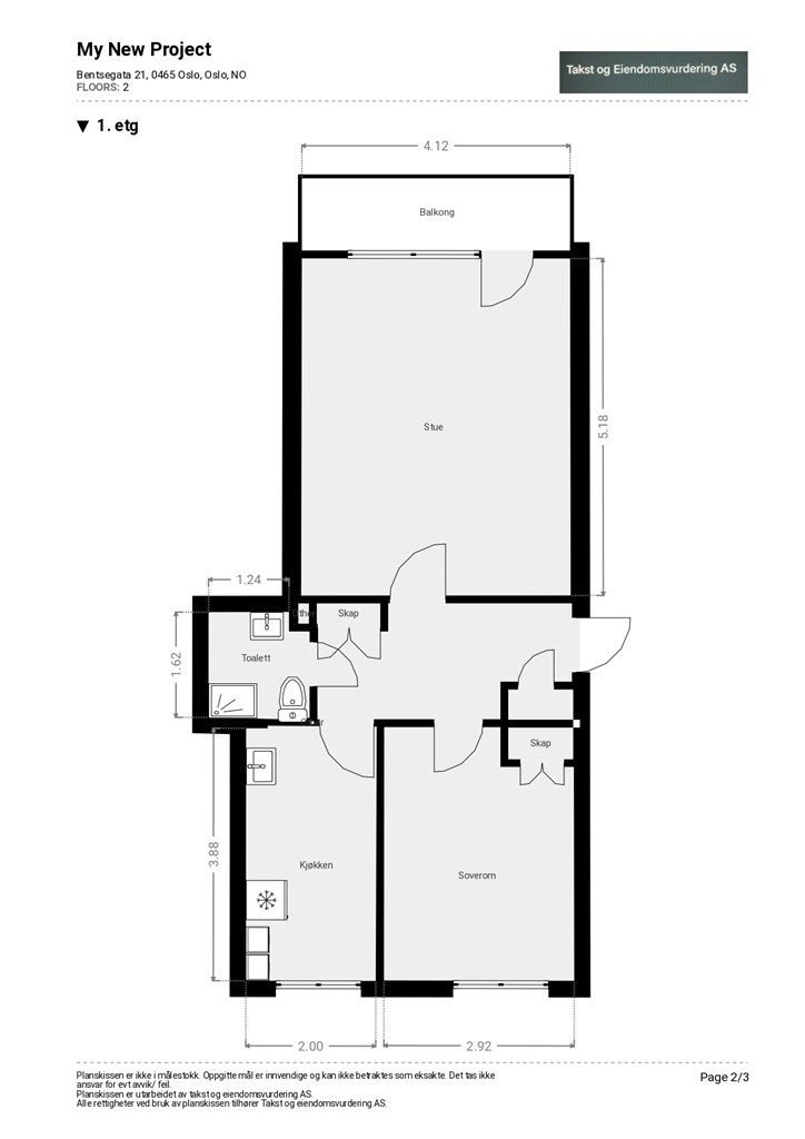 Planløsning - Gjennomgående 2-roms leilighet, med mulighet for å flytte kjøkken ut i stuen.