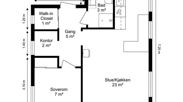 Leiligheten måler 44 m² (BRA-i) og består av åpen stue- og kjøkkenløsning, ett soverom og bad. I tillegg medfølger en bod på 5 m².