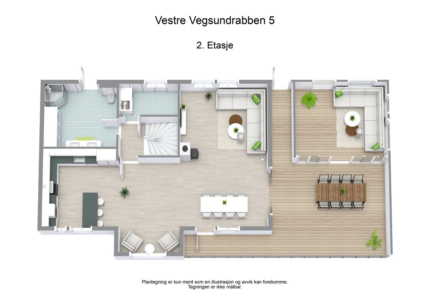 Illustrasjon av planløsningen for hovedetasjen.