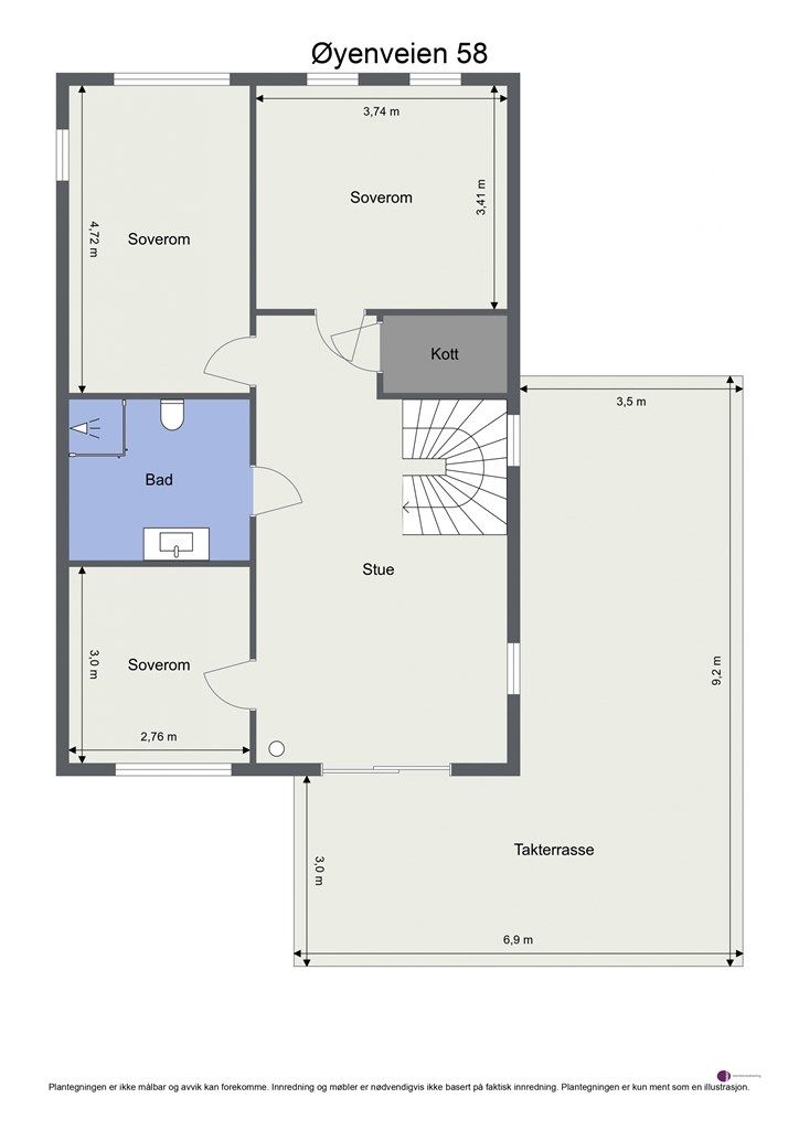 2. etasje er boligens private del med tre soverom, bad og loftstue.