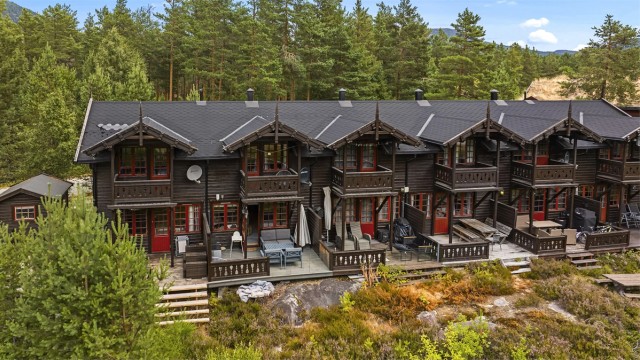 Bygningen har stående og liggende kledning og tak tekket med pappshingel.