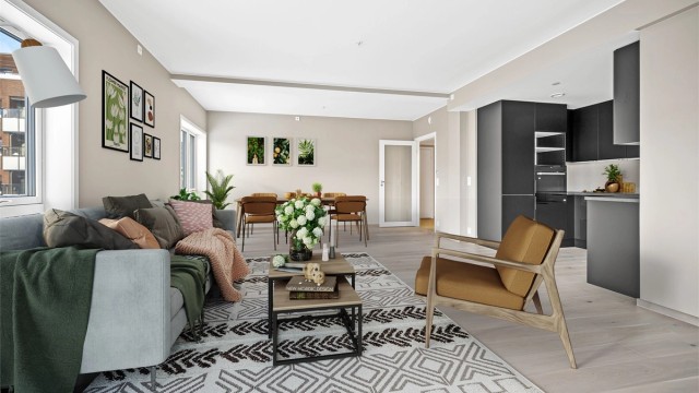 Stue/kjøkken - Rommet er digitalt stylet. Foto: Stine Prøitz Jørgensen