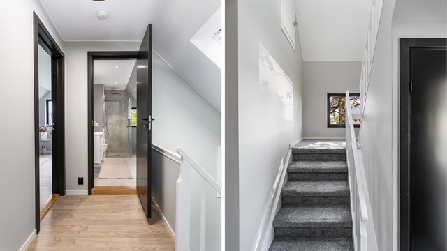 Trappen mellom første og andre er bevart, men malt og oppgradert med sklisikkert teppe som også demper trinnlyd. Nytt takvindu gir overlys til trappen.