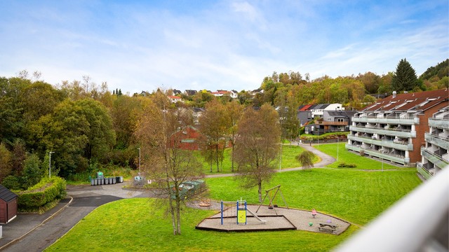 Fra balkongen har man fin utsikt over nabolaget og grøntområder.