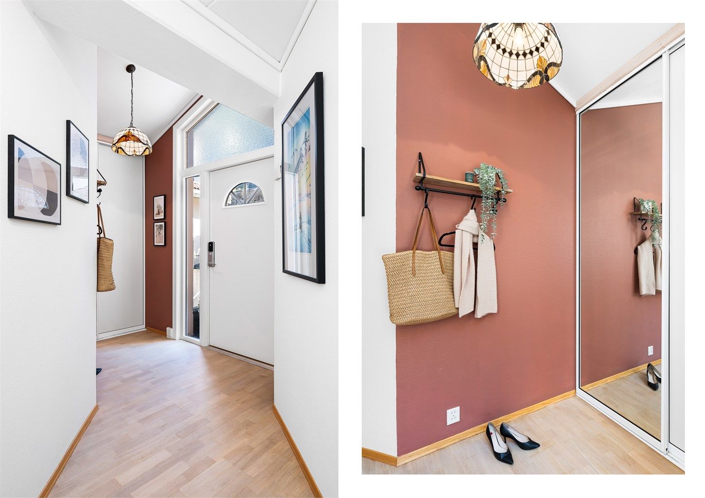 Entrè/gang med god takhøyde og skyvedørs garderobe med godt med oppbevaringsplass. 